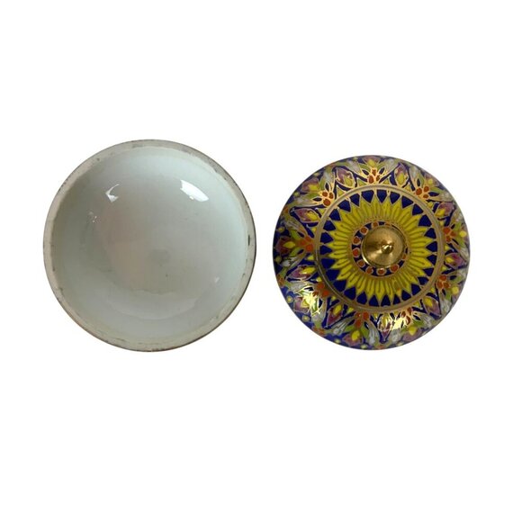 Thai Benjarong Porcelain Bowl Trinket Dish with Lid Hand Painted Blue Gold - Picture 5 of 6